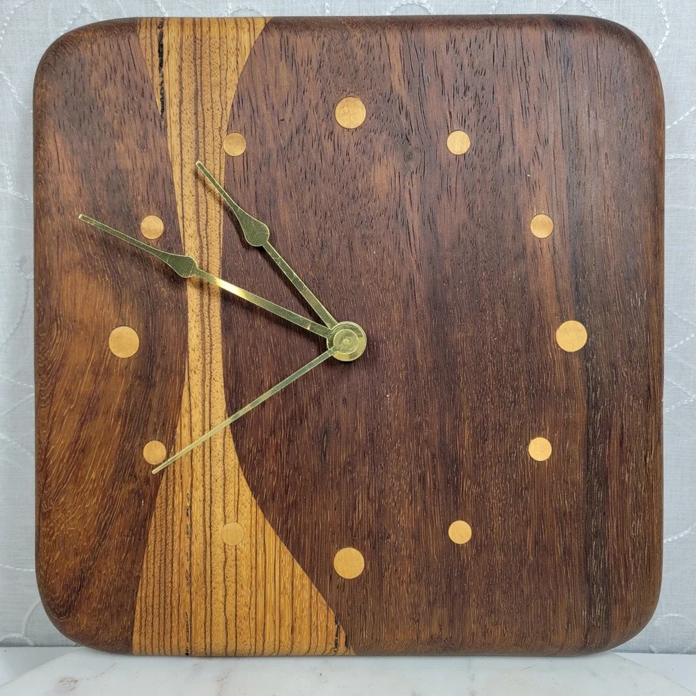 VTG Mixed Wood Wall Clock MCM Brass Hands Quartz Japan Studio Handmade Works